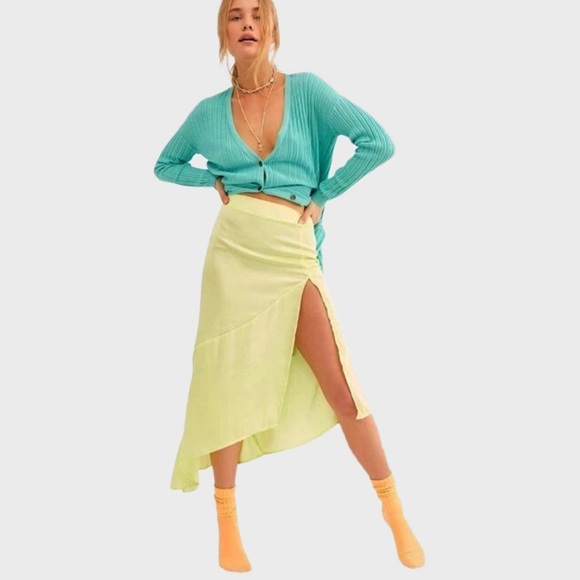 Free People Dresses & Skirts - Free People Satin‎ Asymmetrical Lola Slit Midi Skirt Neon Yellow Size 2